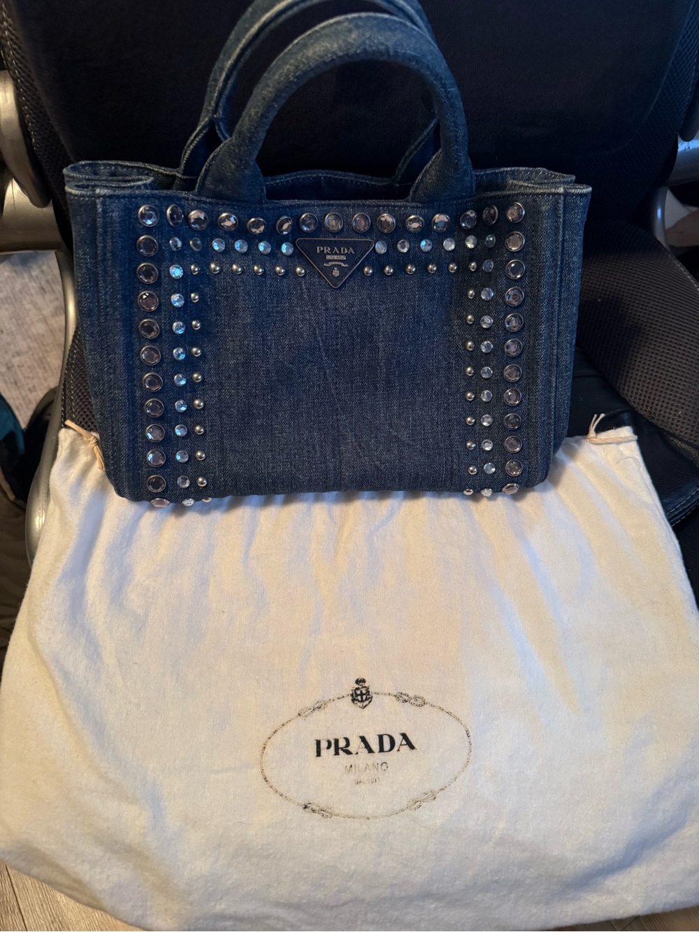 Prada Denim Studded Mini Tote - Dark Blue